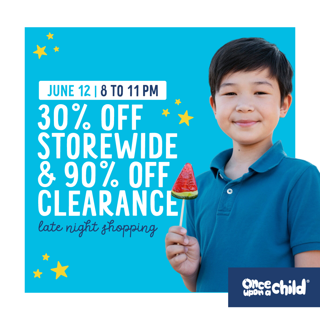 Once Upon a Child Canton is having a Late Night Shopping Event on June 12! Take 30% off storewide and 90% off clearance items exclusively from 8P-11P. We will be closed from 7P-8P to set up!